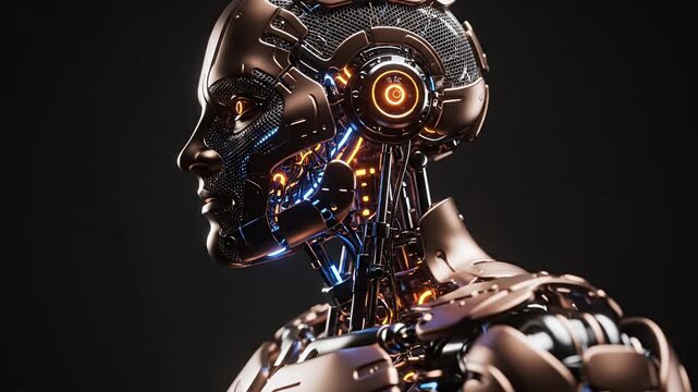 Bronze humanoid robot with glowing elements on dark background