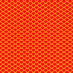 Red scallop seamless pattern with bold yellow outlines. Vibrant geometric fish scale background ideal for Asian inspired decor and festive designs. © MedReda