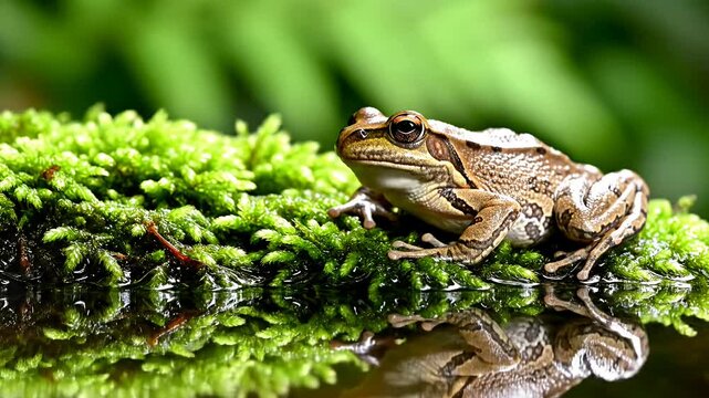 Close-up of frog on green moss with clear water reflection