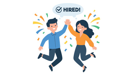 Fototapeta premium Joyful new hires high-fiving, celebrating job success with confetti and 'HIRED!' notification