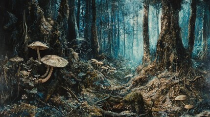 Fototapeta premium Enchanted Forest, A Mystical Landscape with Mushrooms and Towering Trees