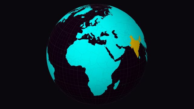 Manipur, India on Globe. Animated zoom into the state. Manipur, India intro, logo, presentation animation. Boundary shape on globe with round text. Short video.