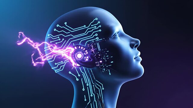 Futuristic human head integrated with glowing AI circuits
