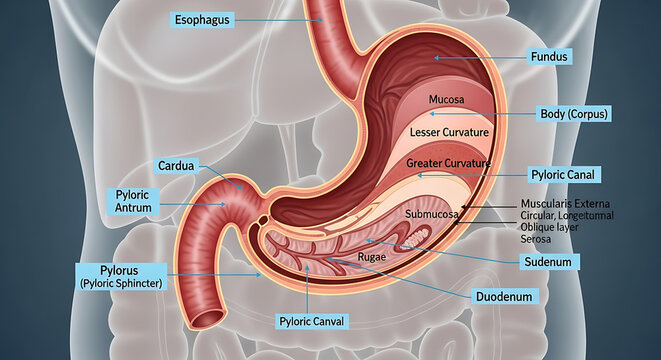 Anatomy of the human stomach and digestive system.