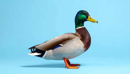 Obraz premium A detailed studio portrait of a male mallard duck with its distinctive green head and brown body set against a solid blue background