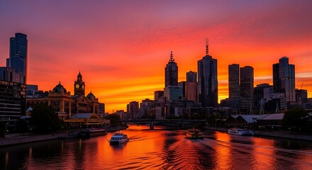 Fototapeta premium City skyline silhouetted against a vibrant orange and purple sunset sky