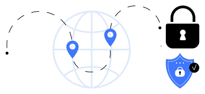 Cybersecurity concept. Cybersecurity ensuring global data safety with padlock, shield icon, and location pins. Cybersecurity secure connections. For tech, data management, privacy tools, digital