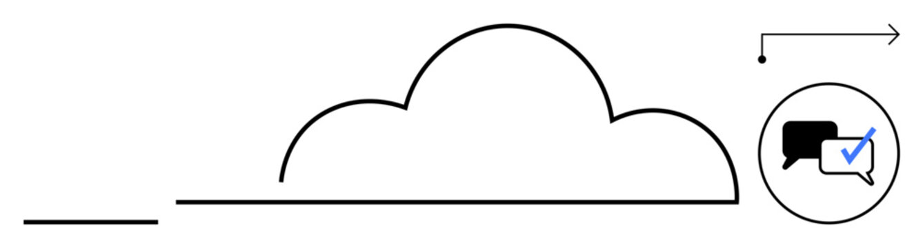 Cloud outline with an arrow indicating movement, and a chat bubble with a checkmark inside, representing communication, networking, collaboration, data management, efficiency, remote work