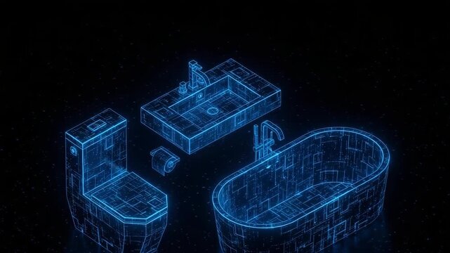 Futuristic Bathroom Fixture Blueprints Float Against Starry Night Background For Design Interior Architectural Technological Visualizations Possibly For Website Advertisement Present