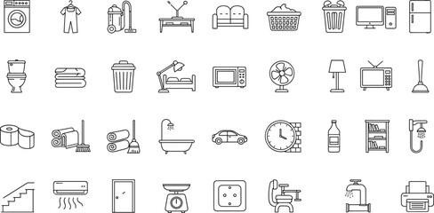 Fototapeta premium Household furniture icons set, home lifestyle symbols, interior design elements, appliances illustration, living room decor, kitchen tools, bathroom essentials