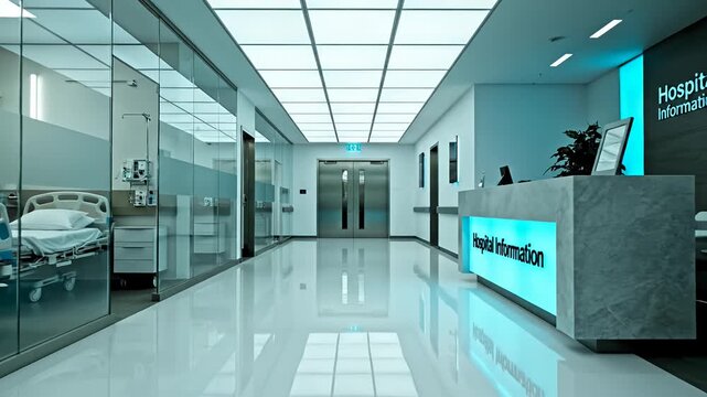 Modern hospital corridor with information desk, patient beds and elevators