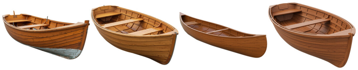a striking collection of classic wooden rowing boats, beautifully crafted and presented from various dynamic angles, ready for water adventures. © FoodPNG