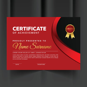 A dynamic red certificate of achievement template features a curved black and red design on the right with a prominent award seal.