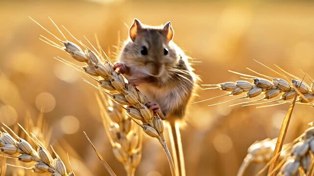 Small field mouse clinging to golden wheat stalk at sunset