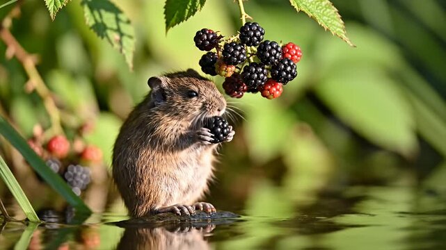 Small water vole eating ripe blackberries by a stream
