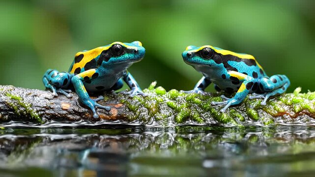 Two vibrant poison dart frogs on mossy branch with reflections