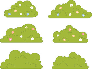 Hand draw Green bush set with colorful flower, Cute spring shrub, Bright garden plat illustration