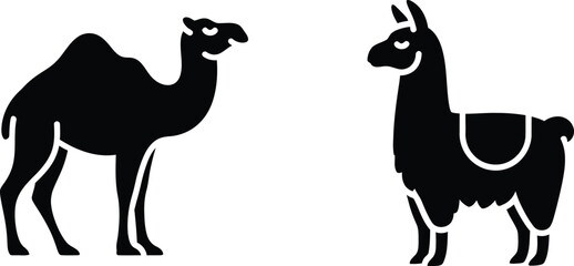 Black silhouettes of a camel and a llama standing side by side © MSTKASPIYA