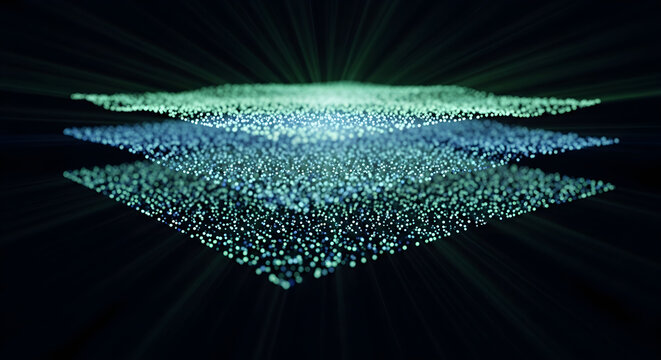 Abstract digital data layers forming a glowing network structure with energetic light beams, representing complex information systems and technological connections