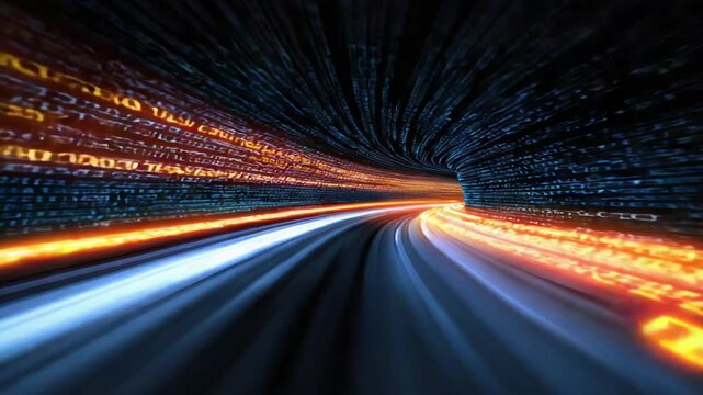 Abstract data tunnel with digital lines and light trails in motion