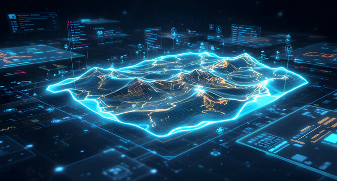 Futuristic Holographic Topographic Terrain Visualization with HUD Interface