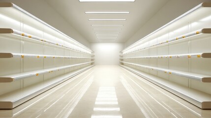 Obraz premium Clean cinematic commercial style wide shot of a modern retail space featuring empty shelves and bright overhead lighting