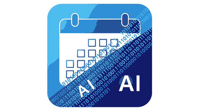 Artificial intelligence calendar app icon displaying binary code technology with ai lettering on blue gradient background representing digital schedule and data management