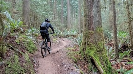 Naklejka premium Mountain biker riding on a narrow trail through a dense, green forest with tall trees and ferns, capturing the thrill of outdoor adventure
