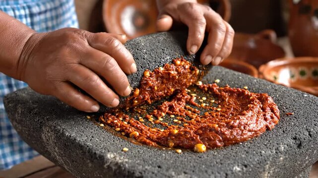 Traditional Chili Grinding on Molcajete