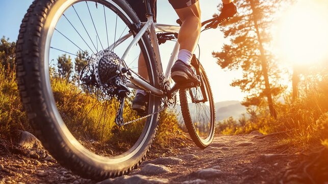 Invigorating mountain biking adventure at sunset through scenic trails