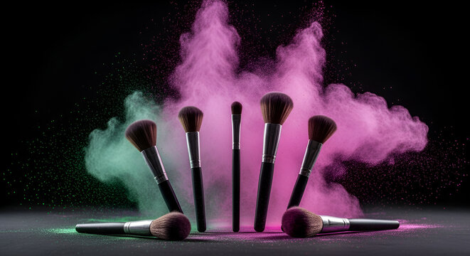 Assortment of makeup brushes artfully arranged on a dark surface amidst vibrant clouds of pink and green cosmetic powder in a dramatic studio