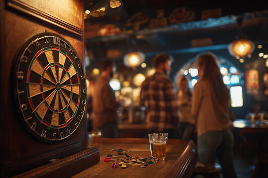 Friends have fun playing darts in a lively pub during an evening outing with drinks and laughter