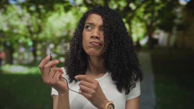 African american woman holds broken headphone cable connector and examines it in park; confusion frustration.
