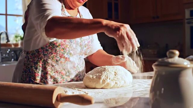 Sunlit kitchen with woman preparing bread, Caucasian woman crafting dough in warm rustic kitchen setting, Sunshine illuminates woman kneading flour on wooden countertop with baking essentials nearby