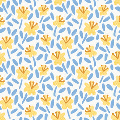 Tropical Hand Drawn Hibiscus Floral Seamless Pattern, Yellow Exotic Flower Background for Summer Apparel and Decor  © Little Joy Designs
