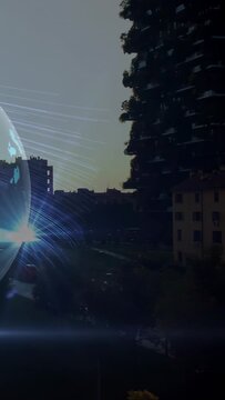 Tech holo globe emitting light strands on ping sweeping plaza, skyline visualizing data fading dusk