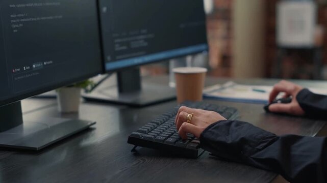 Software Developer Typing Code and Writing Algorithm