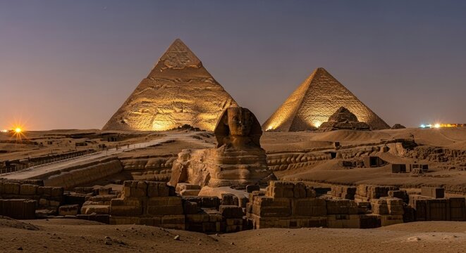 Twilight Glow: Iconic Pyramids of Giza and Great Sphinx Illuminated at Night in the Egyptian Desert Landscape, Revealing Ancient Grandeur Under a Starry Sky