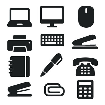 Office supplies and computer hardware peripherals black icon collection