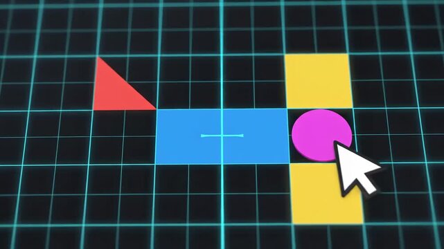 Geometric shapes on a grid background with a computer mouse cursor.