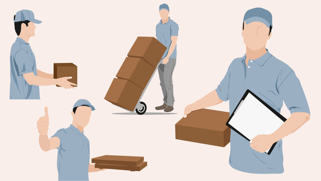 A man in a blue shirt is moving boxes