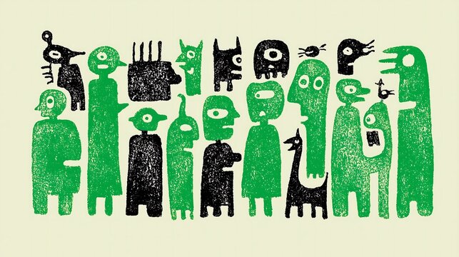 Diverse group of abstract creatures standing together in a stylized illustration from a straightforward viewpoint