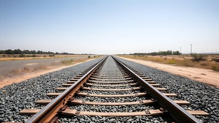 trackbed. A long stretch of railway trackbed with gravel and sleepers receding into distance. mobility guides, transit brochures, designed for mobility and urban transit guides.