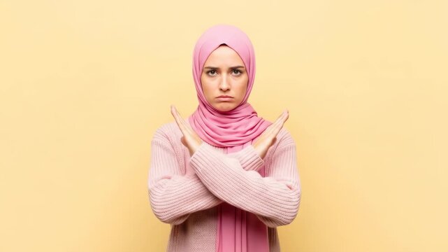 Young Muslim woman in pink hijab making a stop gesture with crossed arms, expressing disapproval and rejection.