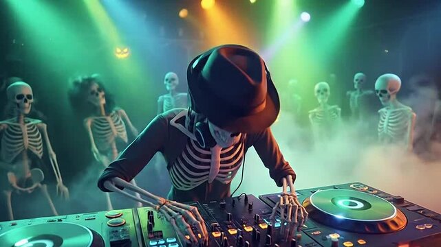 Skeleton DJ plays music for dancing skeletons at a spooky party