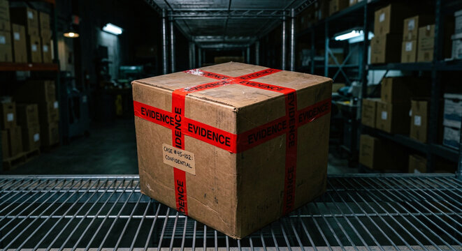 Cardboard Box Sealed with Red Evidence Tape in Dark Warehouse
