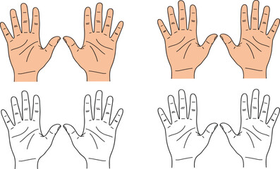 Fototapeta premium Detailed Human Palm Illustration Set Featuring Realistic Left and Right Hands in Both Color and Black and White Line Art for Medical Study.