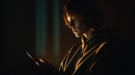 Person uses smartphone in dark room, showing isolation and digital overload in modern life and its effects on mental health awareness