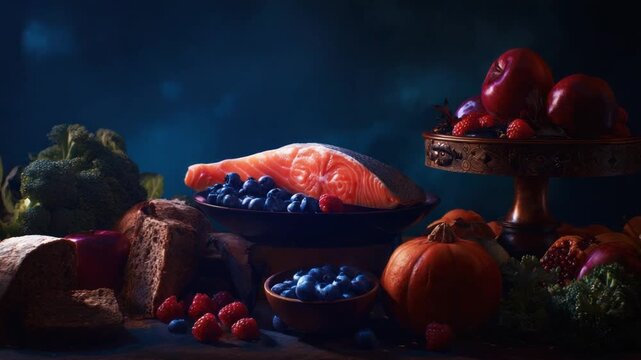 Fresh food arrangement with salmon berries bread and pumpkin