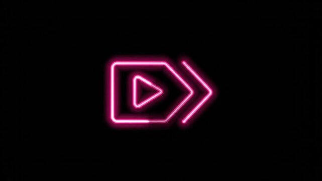 Neon play button and forward arrow symbol on a dark background
